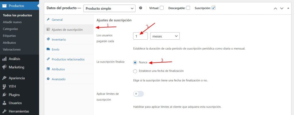 ajustes suscripcion producto woocommerce