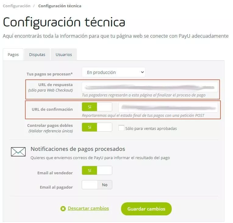 Configuración técnica payu